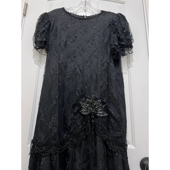 VTG USA 80's Maya Jornot for Michael Marcella Black Lace Pearl Sequin Dress 16 - Picture 1 of 8